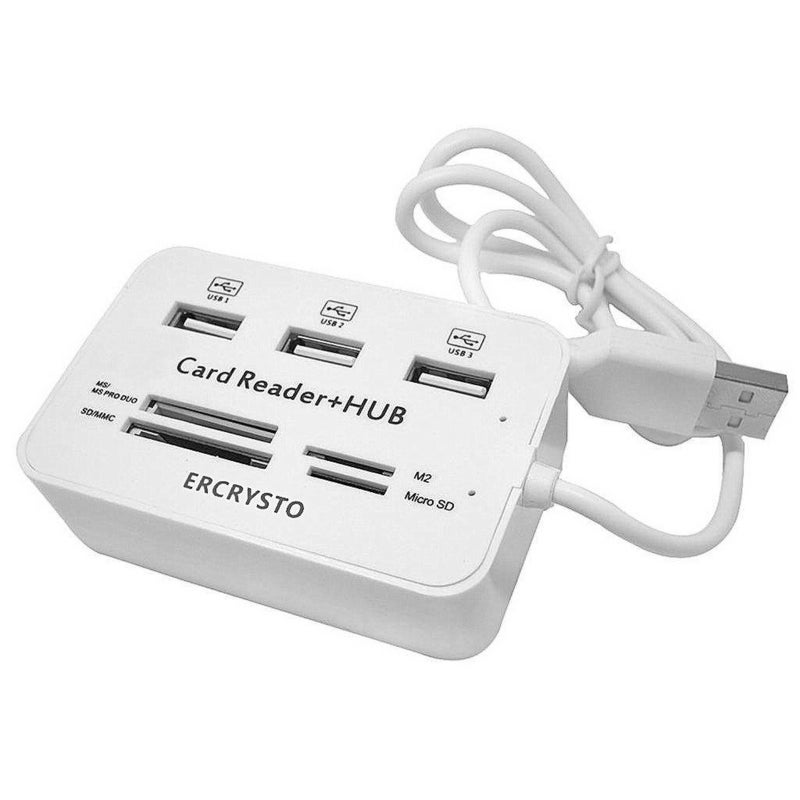 ERCRYSTO Card Reader and 3 Ports USB Hub, High Speed External Memory Card Reader (MS, Micro SD,SD/MMC,M2,TF Card), White. - Image 1